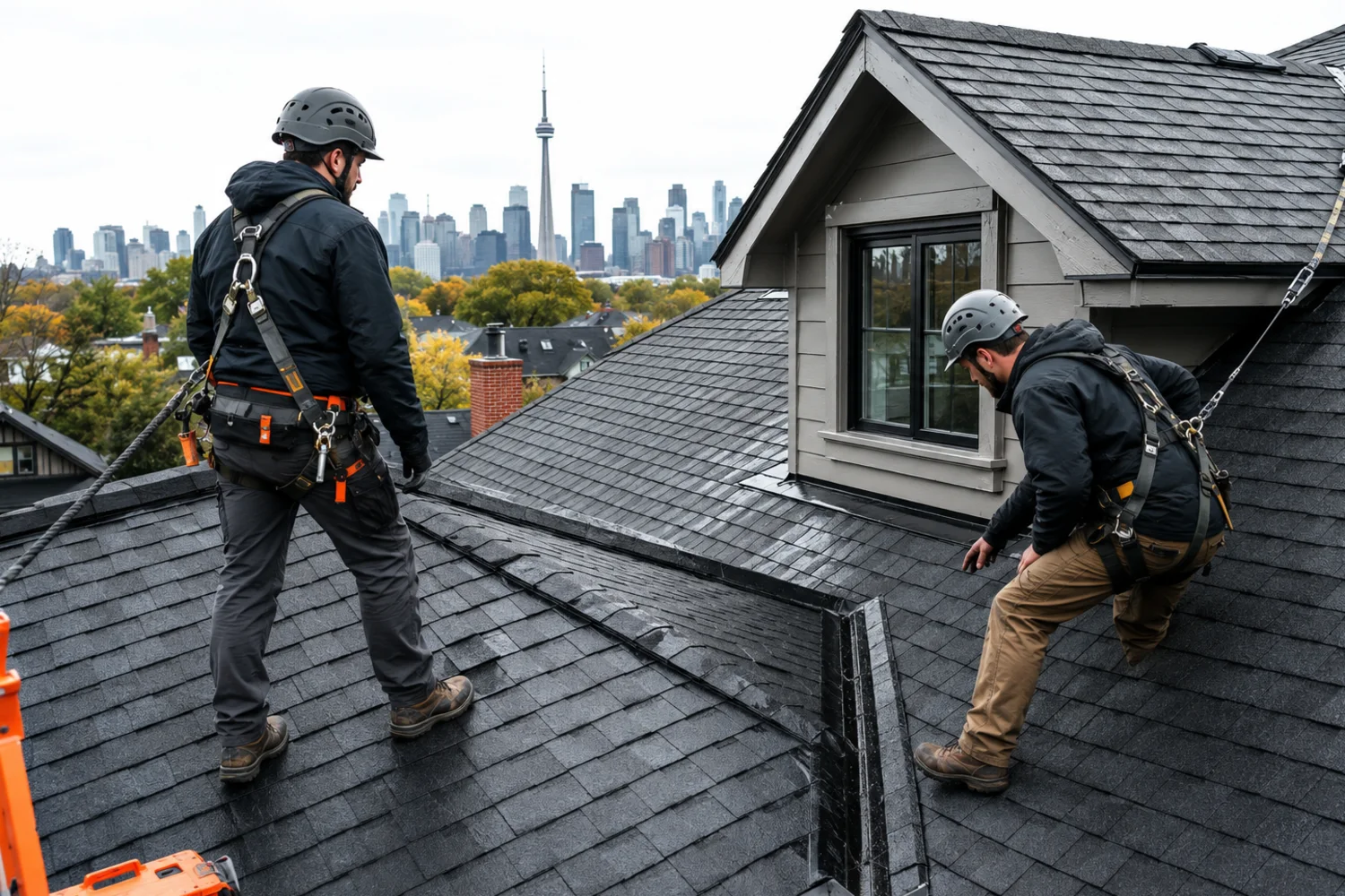 Toronto roofing crew inspecting a residential roof from a safely protected work area