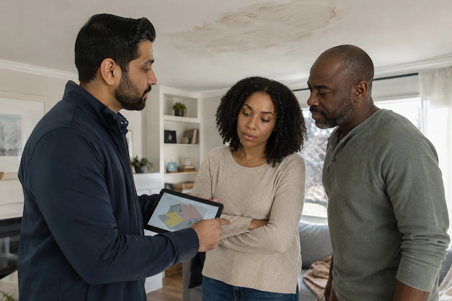 Roofing professional reviewing a roof plan and material detail in Toronto